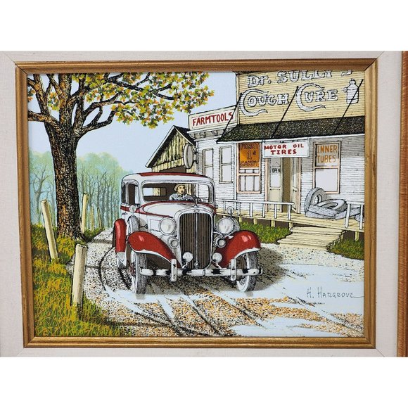 Vintage H. Hargrove Framed Serigraph Oil Painting‎ Dr Sullys Cough Cure Red Car - Picture 3 of 7